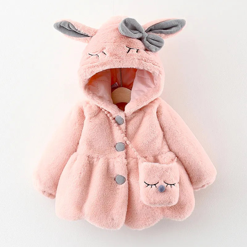 Cute Rabbit Ears Plush Baby Jacket Christmas Sweet Princess Girls Coat Autumn Winter Warm Hooded Outerwear Toddler Girl Clothes
