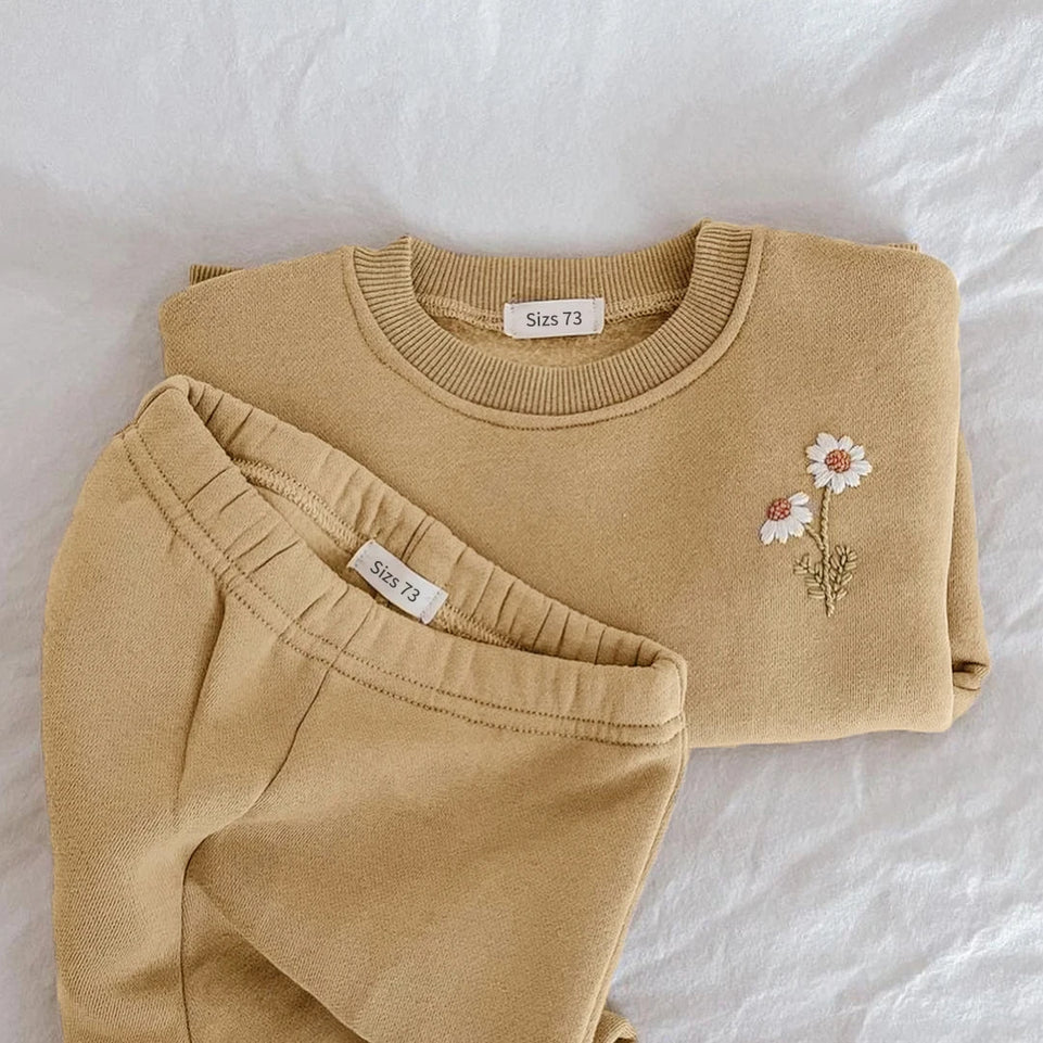 Korea Winter Baby Girls Clothes Set Flower Fleece Pullover Sweatshirt+Pants Set Girls Warm Tracksuit Toddler Girl Clothes Outfit