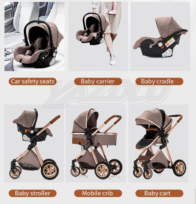 3 in 1 Baby Stroller Royal Luxury Leather Aluminum Frame High Landscape Folding Kinderwagen Pram with Gifts Baby Carriage