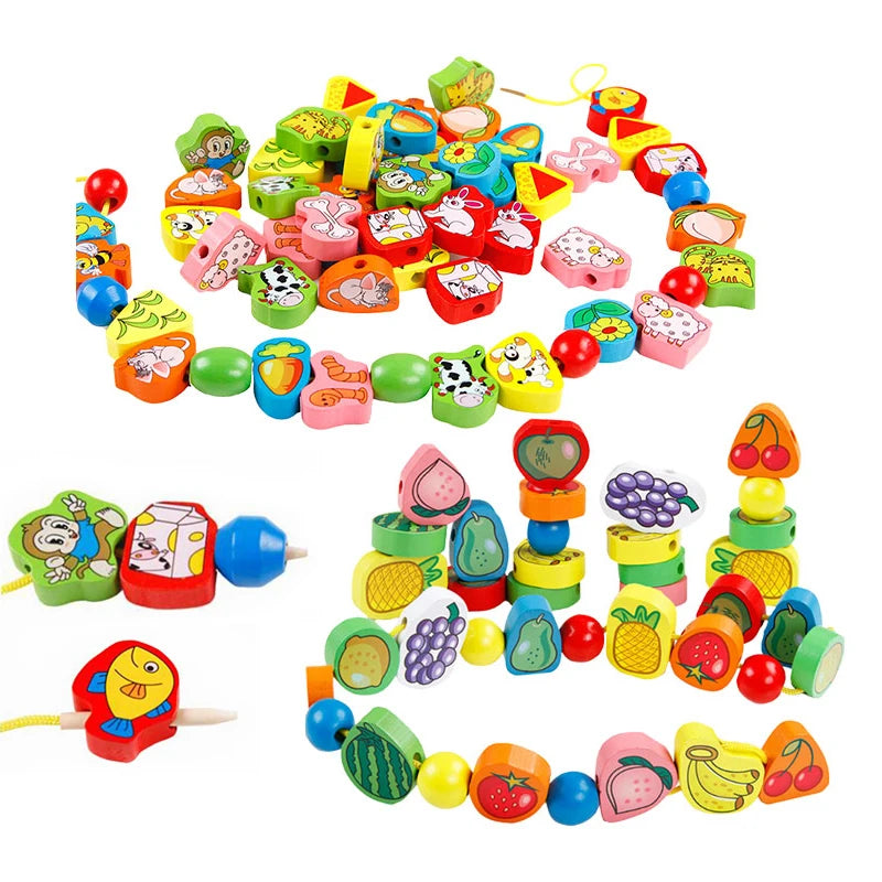 26pcs Wooden Toys Baby DIY Toy Cartoon Fruit Animal Stringing Threading Wooden beads Toy Monterssori Educational for Kids GYH