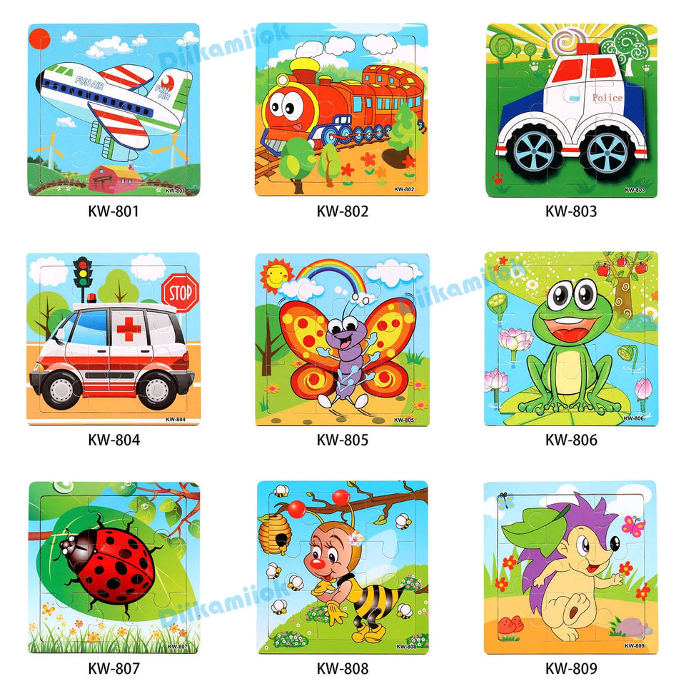 Sale 9 Pieces of Wooden Puzzle Cognition Animals and Vehicles Jigsaw Kindergarten Children Educational Toys Baby Wood Toy Gifts